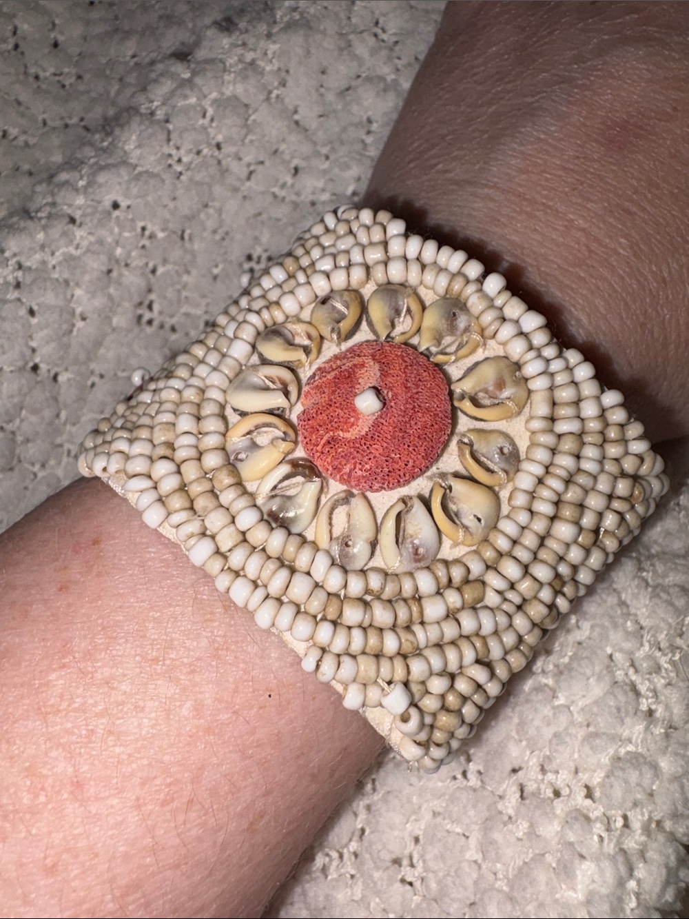 🐚 Hand made in St. Martens cowrie shell seed beads coral wrap bracelet